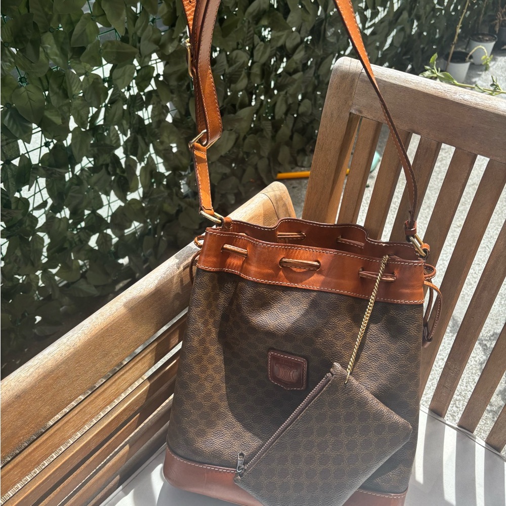 CELINE Macadam Blason Drawstring Bucket Shoulder Bag Purse Brown PVC Leather